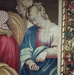 Tapestry depicting the Acts of the Apostles, the Death of Ananias (Sapphira, wife of Ananias counting her coins), woven at the Beauvais Workshop under the direction of Philippe Behagle (1641-1705)